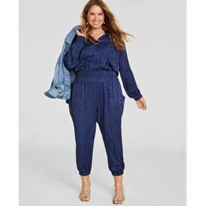 NEW‎ On 34th Womens Plus 1X Leopard Blue Jumpsuit Pockets Long Sleeve